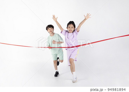 Korean boy and girl_fitness and exercise concept in white background__crossed the finishing line 94981894