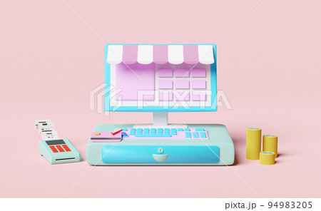 cash register machine with pos terminal, electronic bill payment, invoce or paper check receipt isolated on pink background ,3d illustration or 3d render 94983205
