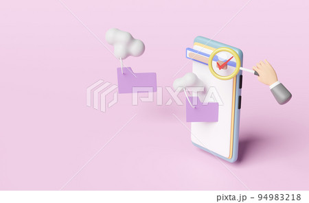 businessman hand holding magnifying glass with search data in mobile phone isolated on pink.cloud storage download, data transfering,datacenter connection network concept ,3d illustration or 3d render 94983218