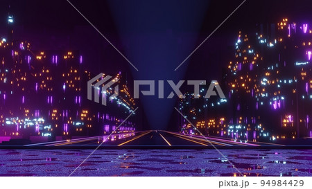 3d render of Cyber punk night city landscape concept. Light glowing on dark scene. Night life. Technology network for 5g. Beyond generation and futuristic of Sci-Fi Capital city and building scene. 3d render of Cyber punk night city landscape concept. Light glowing on dark scene. Night life. Technology network for 5g. Beyond generation and futuristic of Sci-Fi Capital city and building scene. 94984429