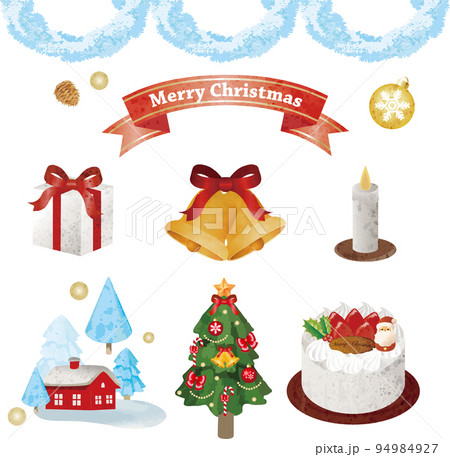 クリスマス　飾り　クリスマスツリー　サンタクロース　プレゼント　かわいい　水彩　イラスト素材セット 94984927