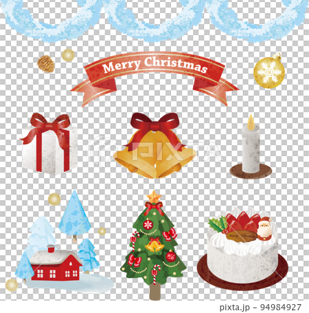 クリスマス　飾り　クリスマスツリー　サンタクロース　プレゼント　かわいい　水彩　イラスト素材セット 94984927