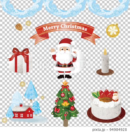 クリスマス　飾り　クリスマスツリー　サンタクロース　プレゼント　かわいい　水彩　イラスト素材セット 94984928