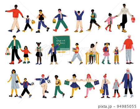 Students and Pupils Having School Lesson with Father and Mother Bringing Them to Class Big Vector Set Students and Pupils Having School Lesson with Father and Mother Bringing Them to Class Big Vector Set 94985055