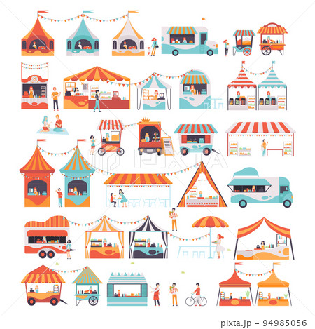 Amusement Park Kiosk and Tent with Street Food and Walking People Big Vector Set 94985056