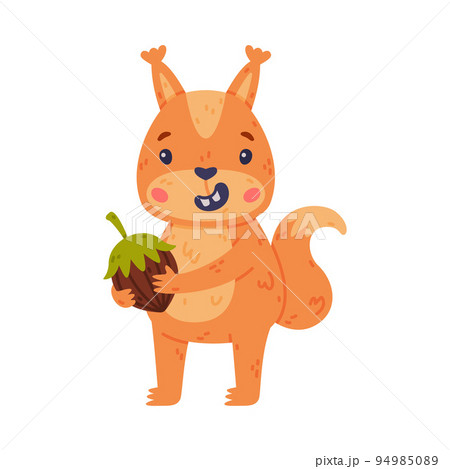 Funny Squirrel Character with Bushy Tail Holding Acorn and Smiling Vector Illustration 94985089