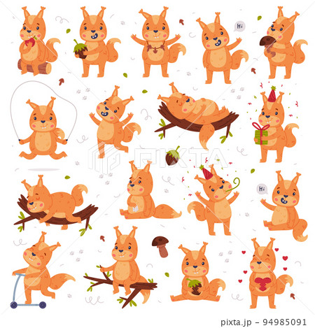 Funny Squirrel Character with Bushy Tail Engaged in Different Activity Vector Set 94985091
