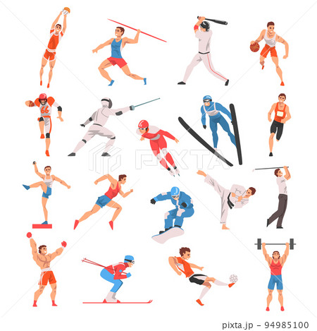Professional Man Athlete and Sportsman Engaged in Sport Action Training Body Big Vector Set Professional Man Athlete and Sportsman Engaged in Sport Action Training Body Big Vector Set 94985100