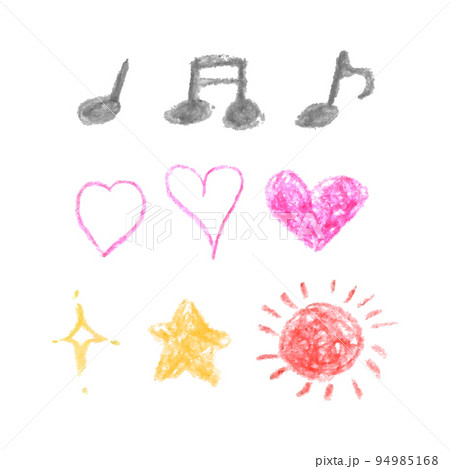 手描き風の記号のベクターイラスト 音符、ハート、星、太陽 手描き風の記号のベクターイラスト 音符、ハート、星、太陽 94985168