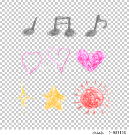 手描き風の記号のベクターイラスト 音符、ハート、星、太陽 手描き風の記号のベクターイラスト 音符、ハート、星、太陽 94985168