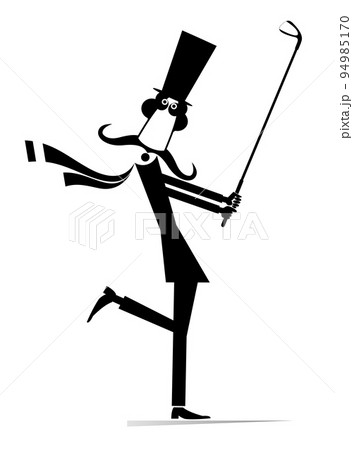 Cartoon man in the top hat plays golf illustration. Cartoon long mustache gentleman in the top hat holds a golf club and trying to do a good kick. Black on white background Cartoon man in the top hat plays golf illustration. Cartoon long mustache gentleman in the top hat holds a golf club and trying to do a good kick. Black on white background 94985170