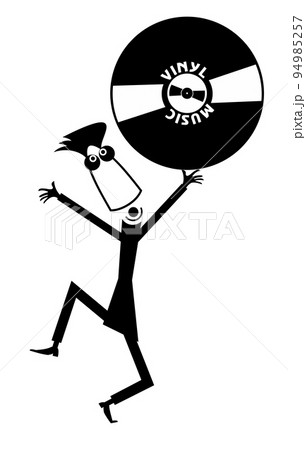 Cartoon funny DJ with long play record illustration. Dancing DJ holding a big vinyl record. Black on white background Cartoon funny DJ with long play record illustration. Dancing DJ holding a big vinyl record. Black on white background 94985257