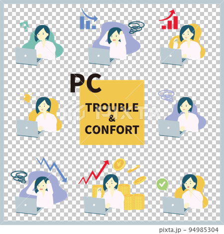 一組使用個人電腦/麻煩/解決方案/PC/金錢/投資的女性 94985304