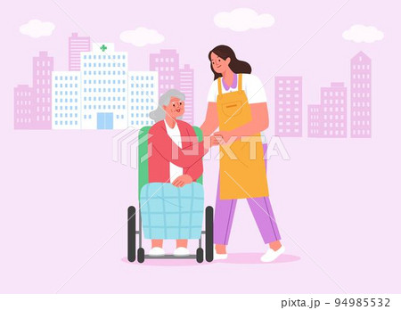senior health, geriatric care helper_helping old people in wheelchairs in front of hospital senior health, geriatric care helper_helping old people in wheelchairs in front of hospital 94985532