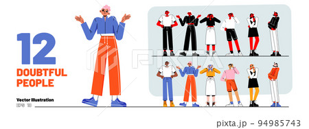 Set of doubtful people, puzzled pensive men women 94985743