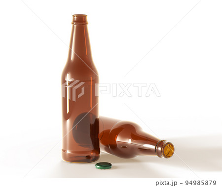 Beer bottles front view and lying down 3D render. Blank brown glass flasks with open green metal cork isolated on white background. Realistic mockup for advertising alcohol drinks 94985879