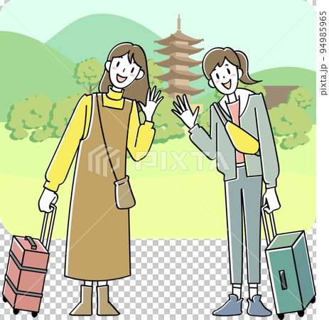 Two young women traveling in an ancient city 94985965