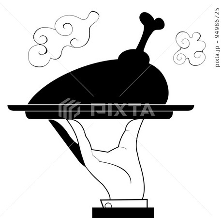 Waiter hand holding meat on the tray. Hand of the waiter holding a tray with fried meat, duck or chicken leg. Black and white 94986725