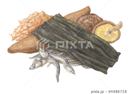 水彩色鉛筆で描いた出汁材料4つ（昆布・煮干し・鰹節・干し椎茸） 94986728