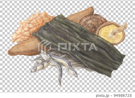 4 dashi ingredients drawn with watercolor pencils (kelp, dried sardines, bonito flakes, dried shiitake mushrooms) 4 dashi ingredients drawn with watercolor pencils (kelp, dried sardines, bonito flakes, dried shiitake mushrooms) 94986728