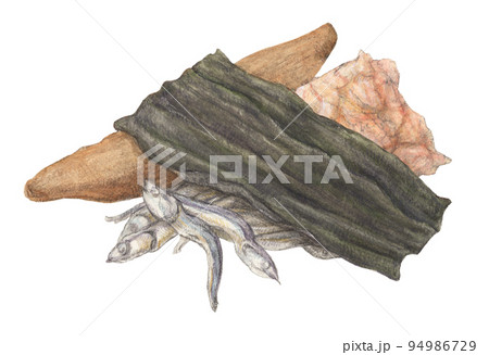 水彩色鉛筆で描いた出汁材料3つ（昆布・煮干し・鰹節） 94986729