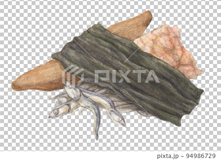 水彩色鉛筆で描いた出汁材料3つ（昆布・煮干し・鰹節） 94986729