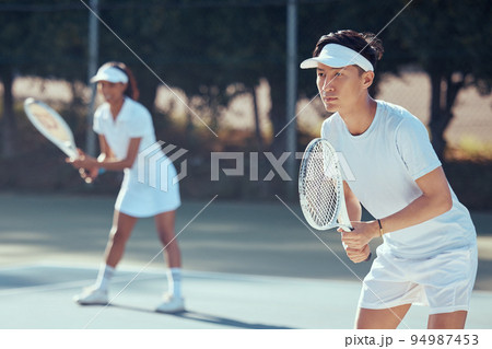 Tennis player team training for sports competition on court, teamwork for motivation in sport goal and action in collaboration event. Healthy athlete ready to play a game or match in partnership 94987453