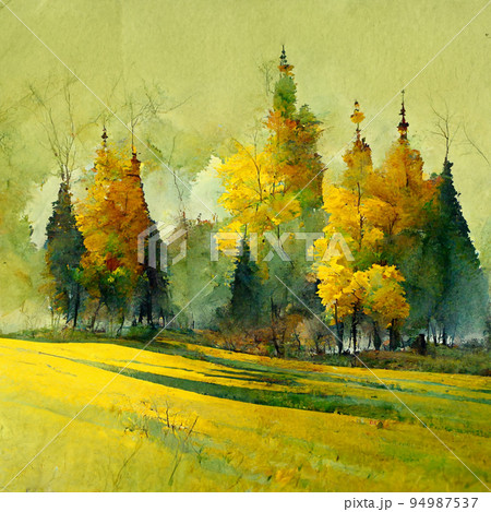 Autumn forest landscape. Colorful watercolor painting of fall season. Green and yellow trees. 94987537