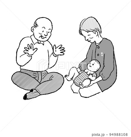 おじいちゃんおばあちゃんと遊ぶ孫のイラスト 白黒のイラスト素材