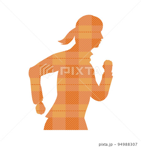 走るビジネスウーマンのシルエット　チェック柄 94988307