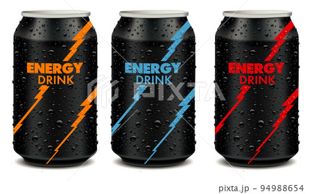 Energy drink tin can with many fresh juice drops. Template Tin package design	 94988654
