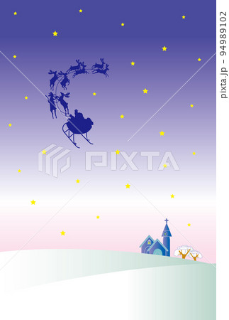 トナカイのそりで飛ぶサンタクロースのクリスマスカード トナカイのそりで飛ぶサンタクロースのクリスマスカード 94989102