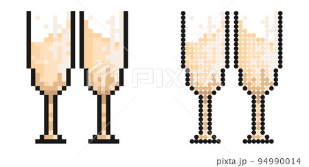 Pixel icon. Glasses with festive sparkling champagne. Cheers with glasses at New Year table. Simple retro game vector isolated on white background 94990014
