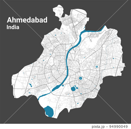 Ahmedabad map. Detailed map of Ahmedabad city administrative area. Cityscape panorama illustration. Road map with highways, streets, rivers. Ahmedabad map. Detailed map of Ahmedabad city administrative area. Cityscape panorama illustration. Road map with highways, streets, rivers. 94990049