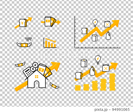 Soaring prices / price rise illustration set price rise inflation food daily necessities electricity bill icon graph arrow 94991065