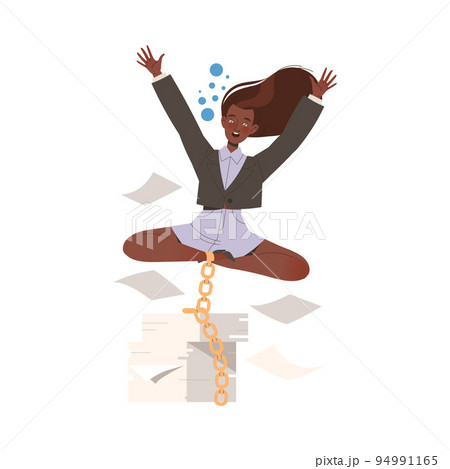 Woman Character in Office Clothes Drowning with Paper Document and Chain Tied to Leg Vector Illustration 94991165