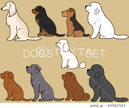 横を向いてお座りするシンプルで可愛い犬のイラストセットG 　主線あり 94992565