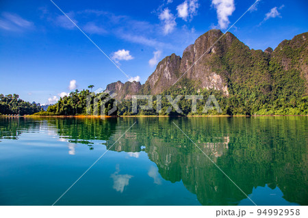 View of Khao Sok national park Cheow Lan Dam lake in Surat Thani, Thailand 94992958