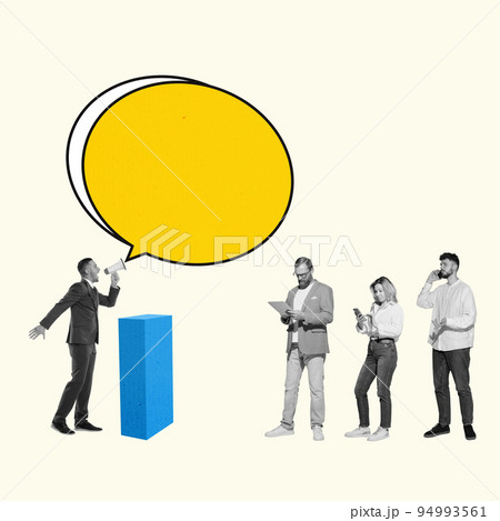 Contemporary art collage. Man with megaphone shouting in speech bubbles for copy space. Concept of business, motivation, career, goal, employment, labor, recruitment. Creative design Contemporary art collage. Man with megaphone shouting in speech bubbles for copy space. Concept of business, motivation, career, goal, employment, labor, recruitment. Creative design 94993561