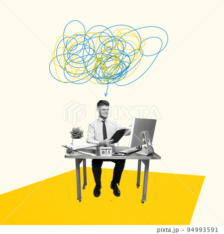 Smart thinking. Young man sitting at office and working at computer. Bright contemporary art collage. Business, studying, education, youth, remote workplace concept. Businessman having idea 94993591
