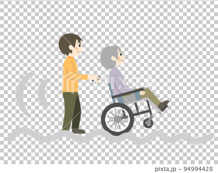 でこぼこ道を車椅子で進む介護士 94994428