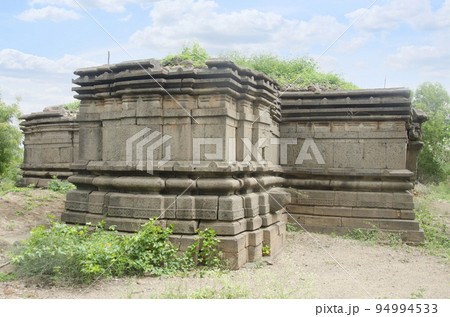 Ruins of a small rock temple at Bahadurgad - also known as Dharmaveergad, located on the left bank of river Bhima, Pedgaon, Taluka Shrigonda, Maharashtra, India 94994533