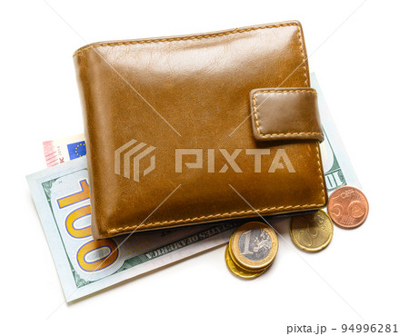 Brown men's leather wallet, banknotes and coins isolated on a white 94996281