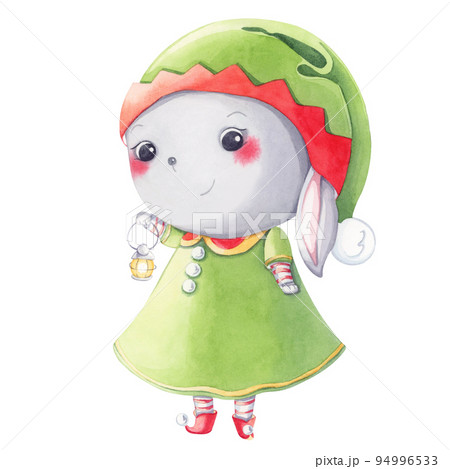 Cute bunny dressed as an elf. Watercolor character. Cute bunny dressed as an elf. Watercolor character. 94996533