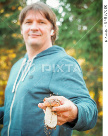 Satisfied young man holding a found porcini mushroom in his hands. The mushroom picker holds a cep mushroom. Man collect mushrooms in forest. Satisfied young man holding a found porcini mushroom in his hands. The mushroom picker holds a cep mushroom. Man collect mushrooms in forest. 94997080
