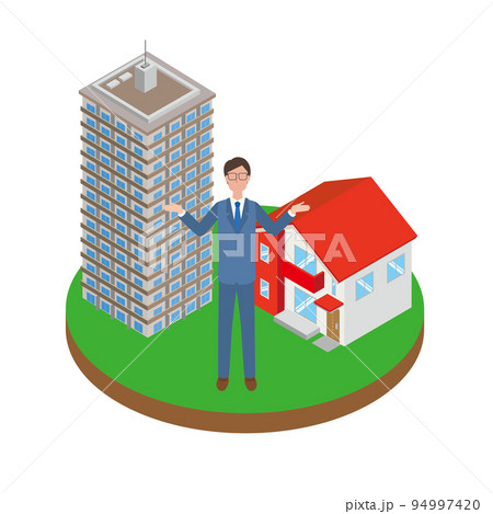 一戸建てとマンションを比べる男性 94997420