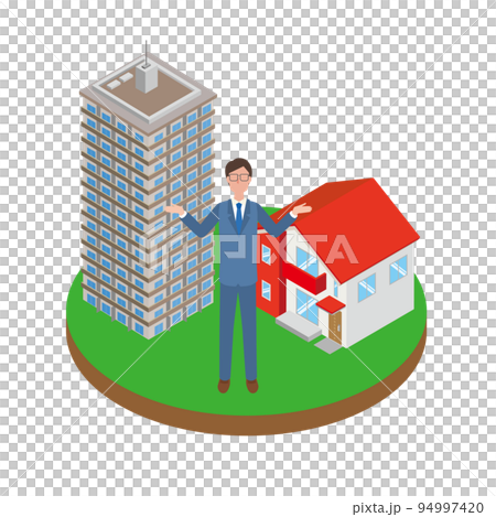 一戸建てとマンションを比べる男性 94997420