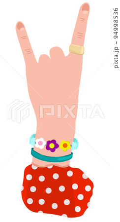 Vector isolated illustration of woman's hand in a sign of horns. With golden ring, colorful bracelets and in red dress with white dots. 94998536