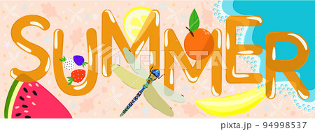 Vector bright summer illustration with lettreing. Sea, sand, dragonfly and sweet summer fruits. 94998537