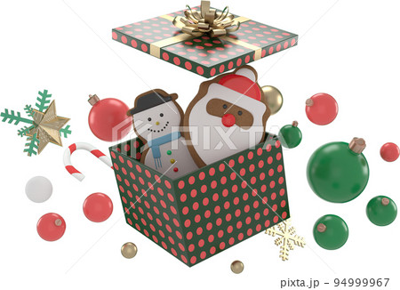 3d Rendering Christmas or new year elements background with decorative balls, star, snow and gif box. Colorful gifts for holidays. Modern design. Isolated  illustration. 94999967